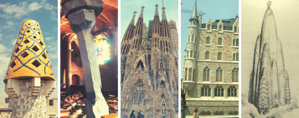 Collage of Antoni Gaudi Works. Barcelona, Spain and abroad.