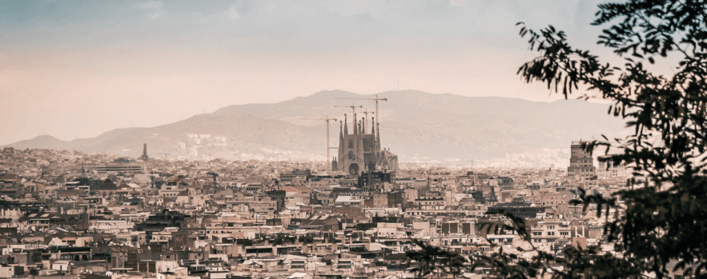 February Barcelona city view with Sagrada Familia and cloudy sky