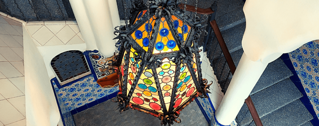 Lamp and hall of Torre Bellesguard by Antoni Gaudi